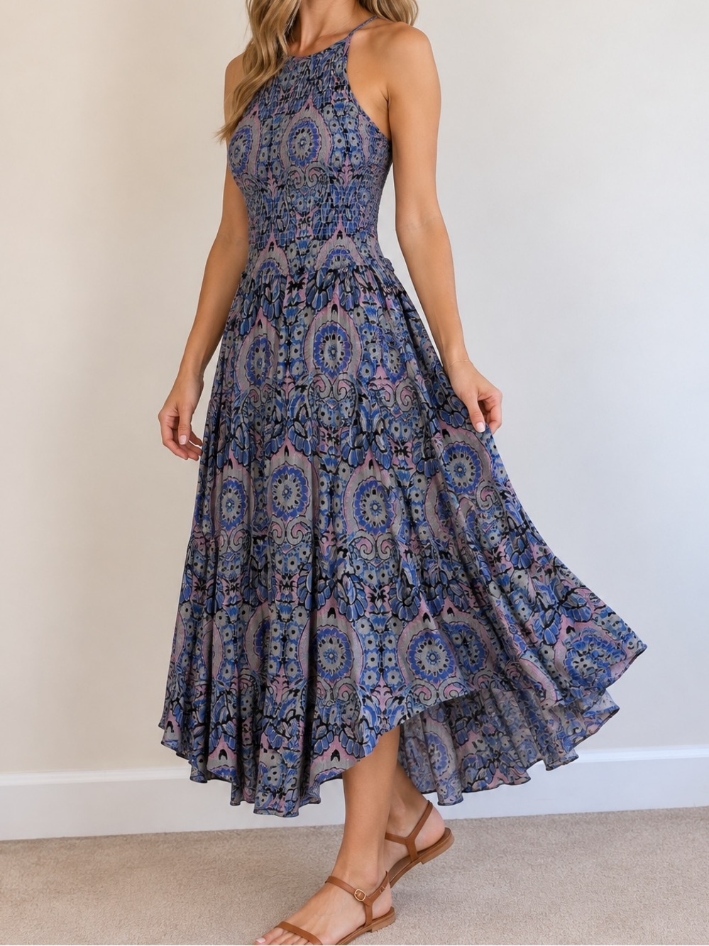 Free People Seasons in the Sun Smocked Halter Dress XS Paisley Boho